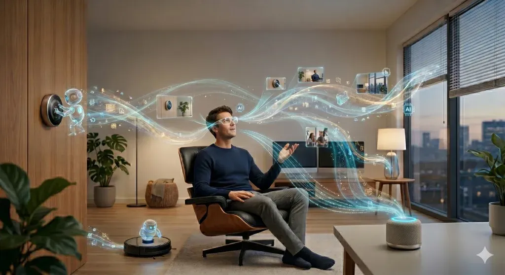 Illustration of a smart home with invisible AI and ambient computing