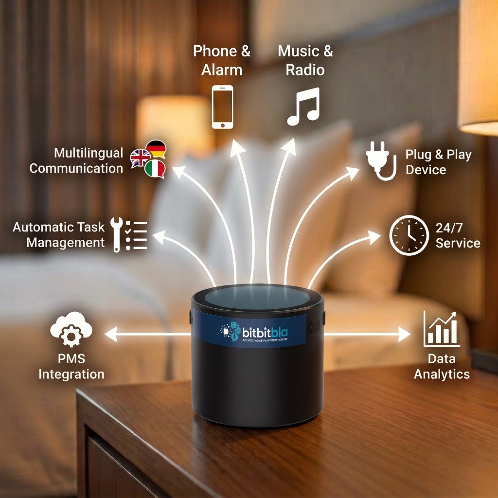 In-room BitBitBla device with its features: PMS, tasks, multilingual, music and analytics